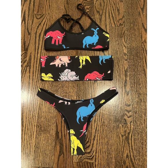 Hoaka Pony women swim suit set of 3 dinosaurs print black size S P NWOT